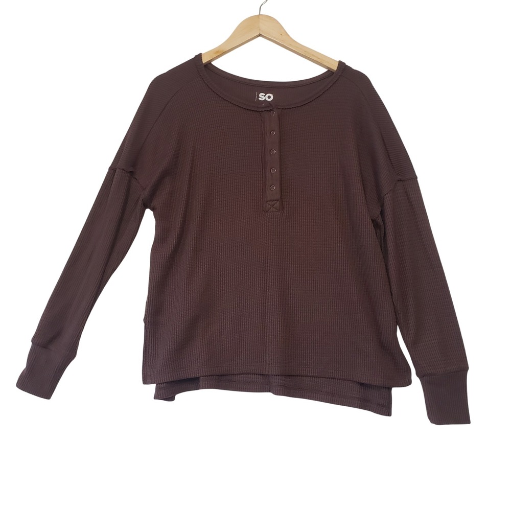 SO Henley Top Juniors Large Brown Waffle Knit Long‎ Sleeve Drop Shoulder Casual